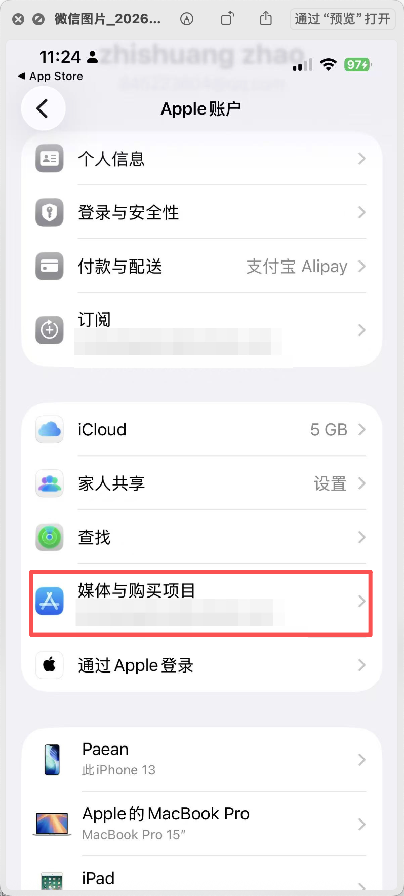 Apple 账户页面点击媒体与购买项目